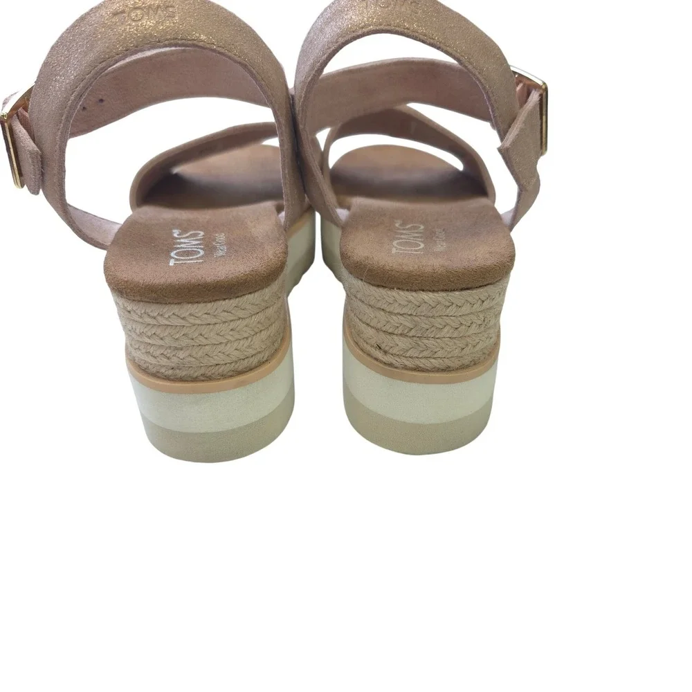 TOMS Metallic Rose Gold Leather Platform Wedge Sandals Womens 7 Boho Resort